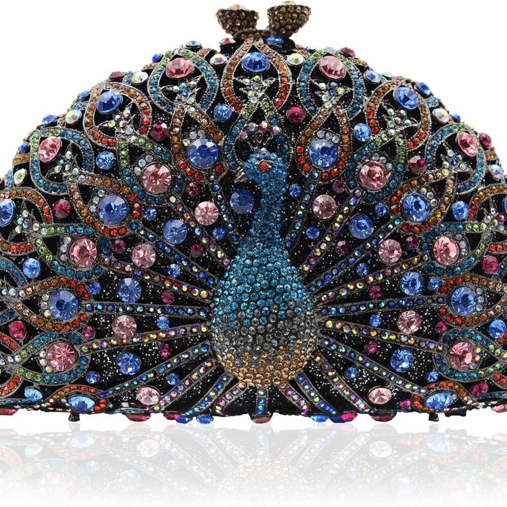 Peacock Luxury Rhinestone Crystal Evening Clutch Bag Sparkly Bride Wedding Party